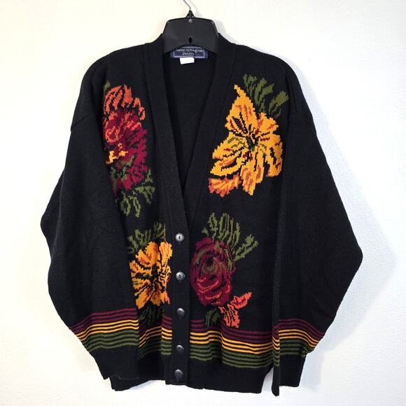 Norton McNaughton Petites Sweater Women's MP Black Red Yellow Floral Vintage - Picture 1 of 8